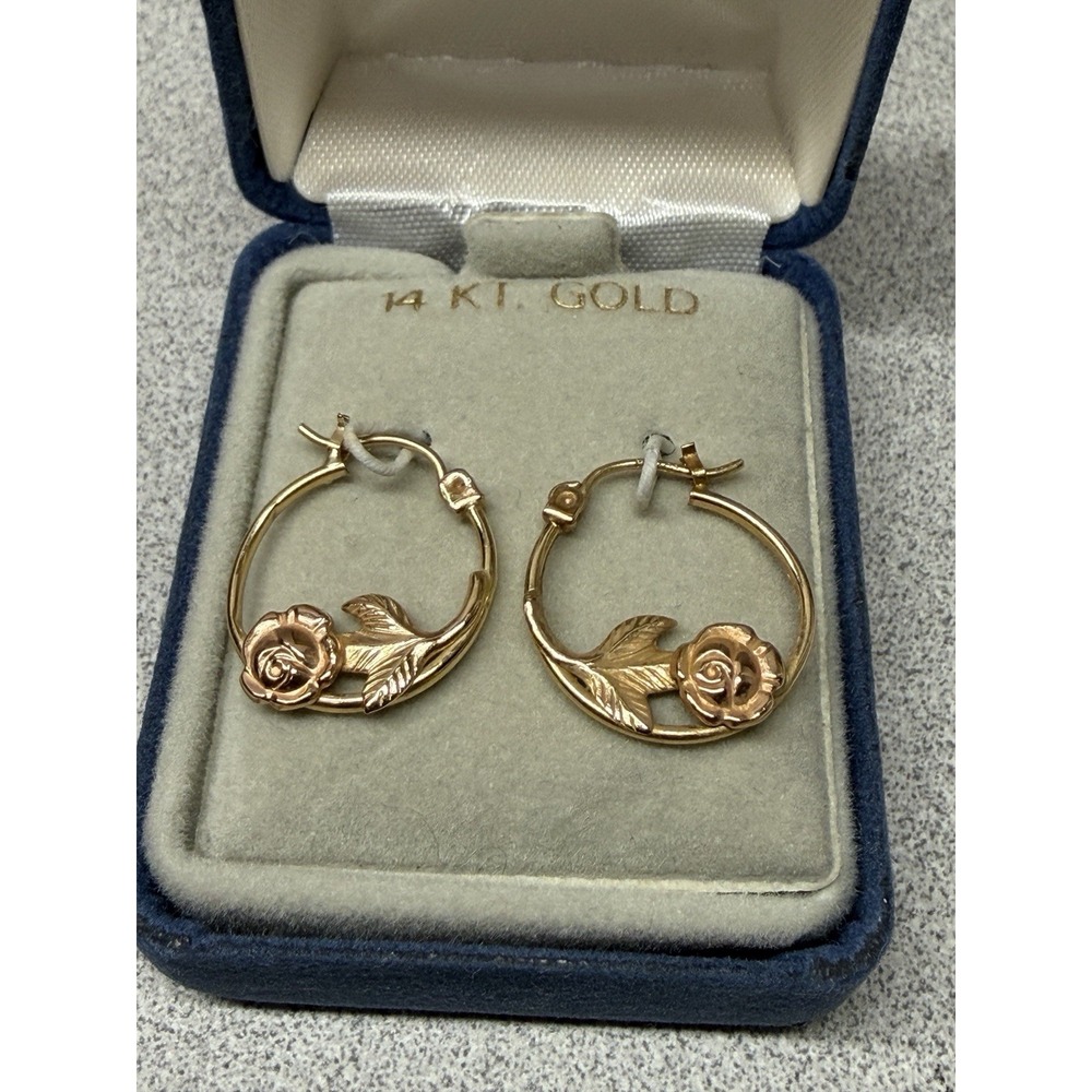Vintage 14K Black Hills Gold Rose Hoop Earrings With Box